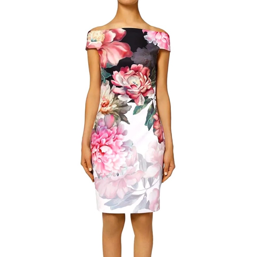 Ted Baker Off-Shoulder Floral Midi Dress in Black, Pink, Green, White
